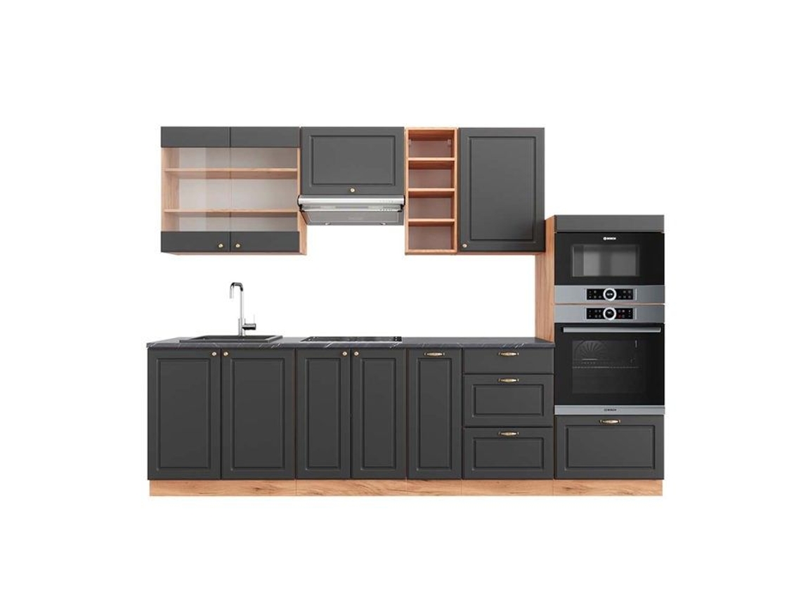 Cozinha Fame-Line, 280 cm, PT Antracite, Country Antracite/Carvalho Dourado, Vicco