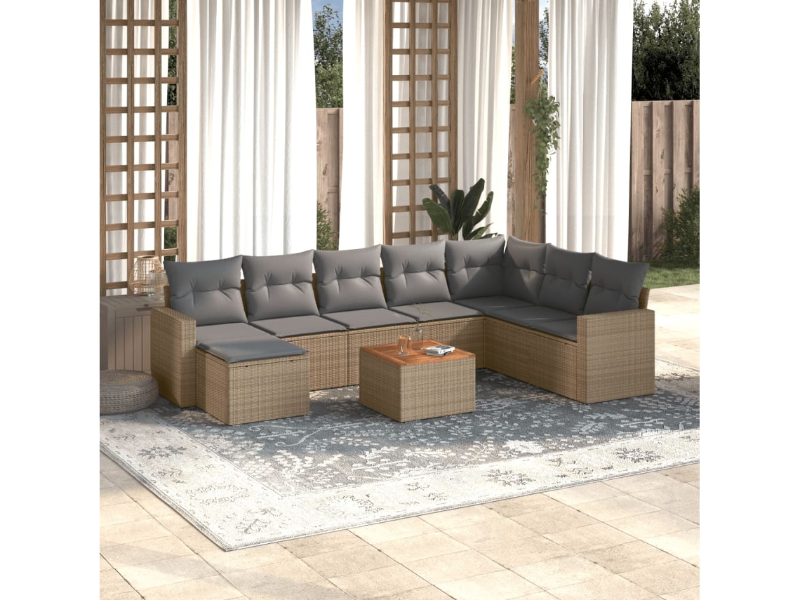 Vidaxl 9 Pcs Conjunto De Sofás P/ Jardim Com Almofadões Vime Pe Bege