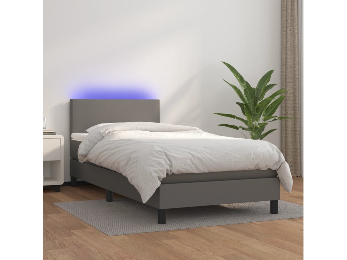 Vidaxl Cama Box Spring C/ Colchão/led 80x200 Cm Couro Artificial Cinza