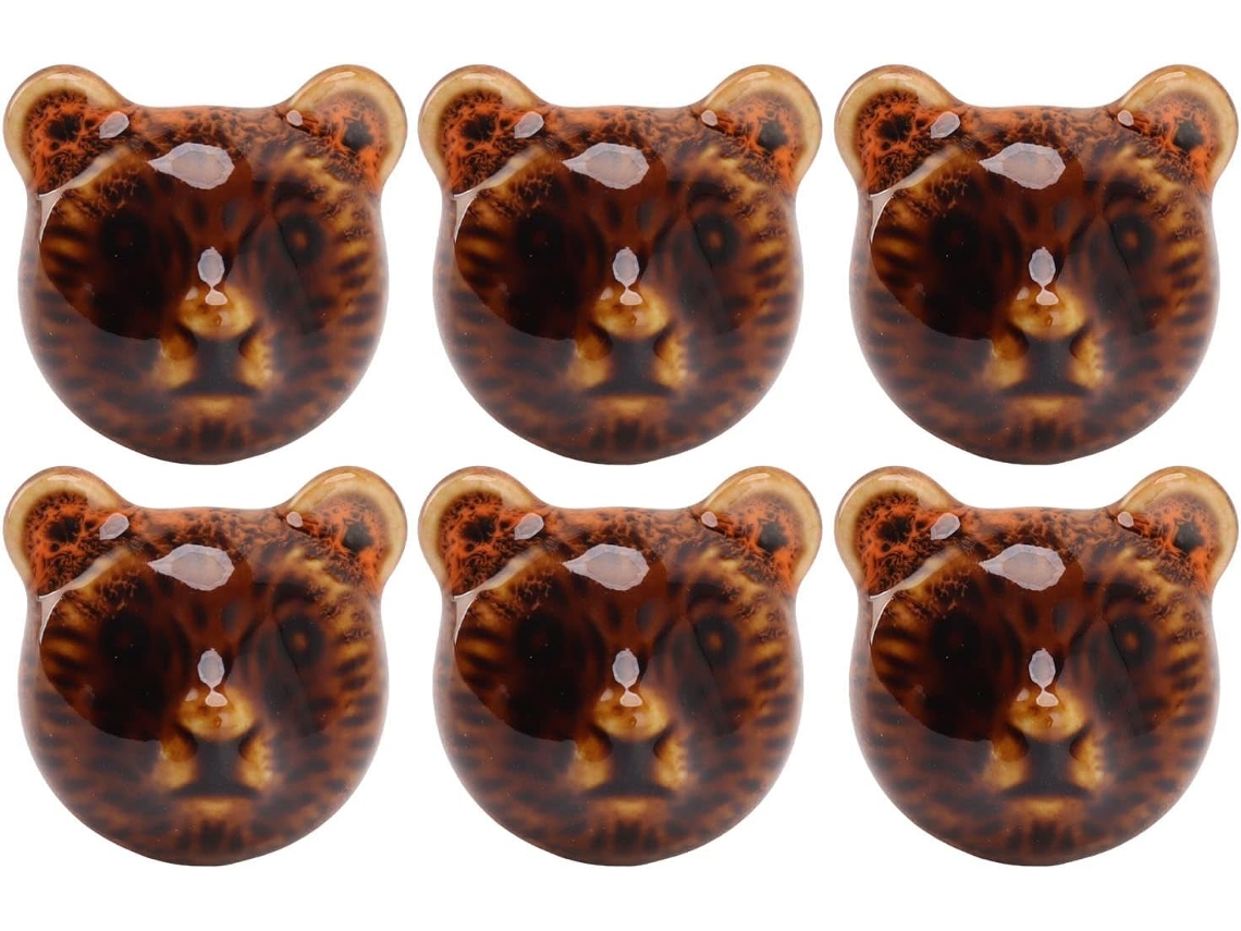 Conjunto De 6 Puxadores Porta Eacam Com Cabeça Urso – Puxador Gaveta Em Cerâmica E Liga Zinco Na Cor Laranja Leopardo