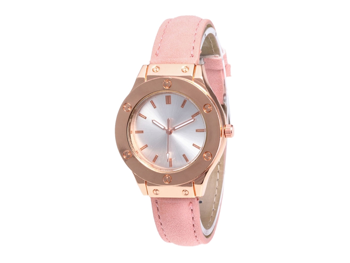 Relógio de pulso unissex moderno com pulseira de couro PU, caixa redonda e movimento de quartzo (rosa)