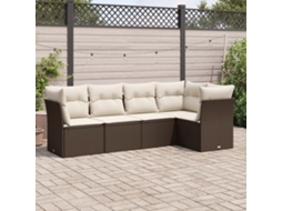 Jogo 5 Peças Sofás P/ Jardim C/ Almofadões Vime Pe Marrom Dkd Home Decor