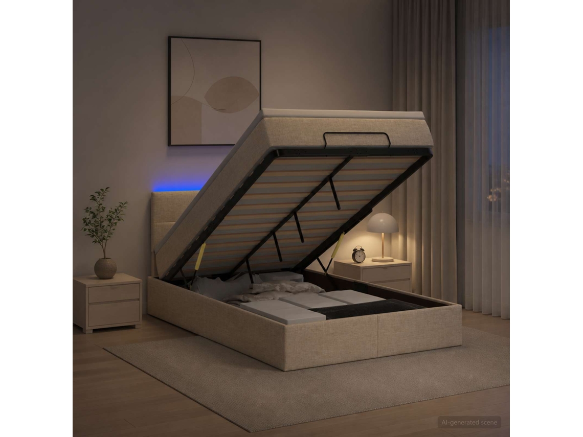 Vidaxl Cama Ottoman Com Colchão E Led Creme 120 X 190 Cm Tecido