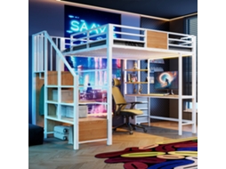 Cama Alta 140x200 Metálica com Secretária, Prateleiras, Varão para Roupa, Luz Led e Tomada Branca NOVELA