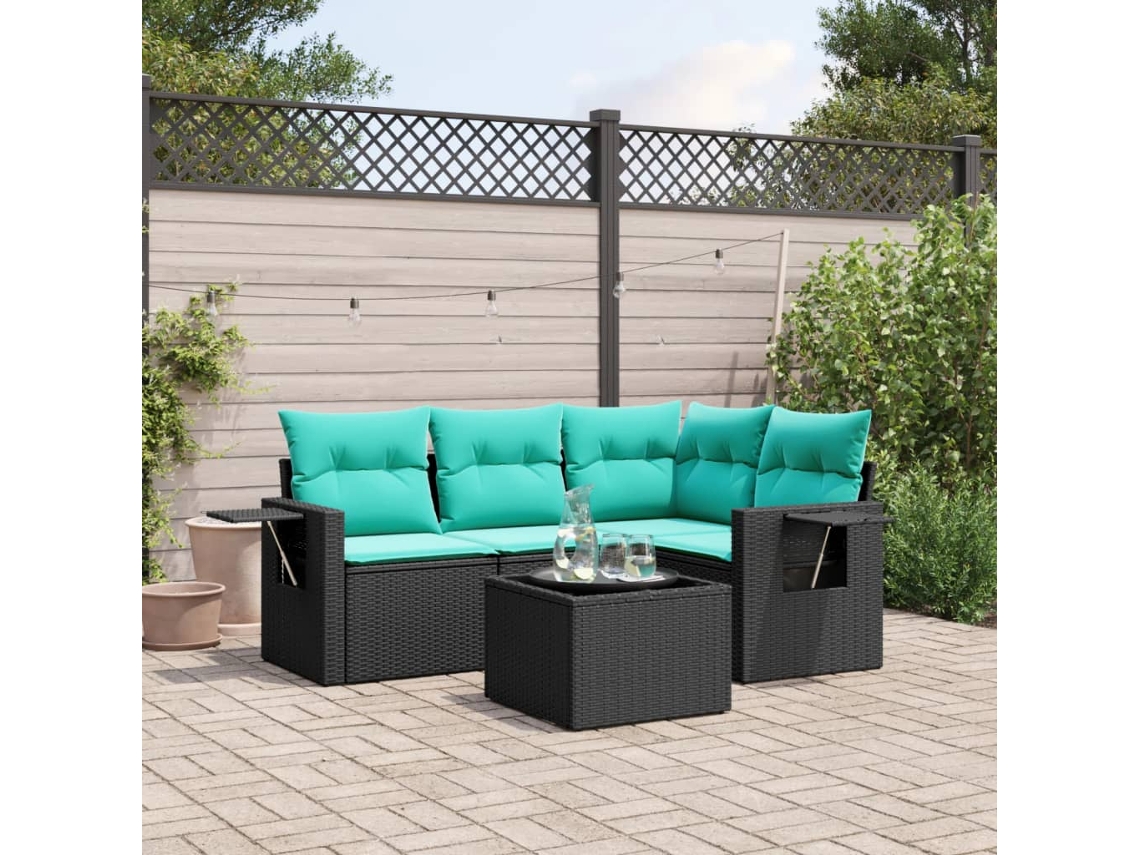 Vidaxl Conjunto De Sofá De Jardim De 5 Peças Com Almofadas Em Rattan Sintético Preto