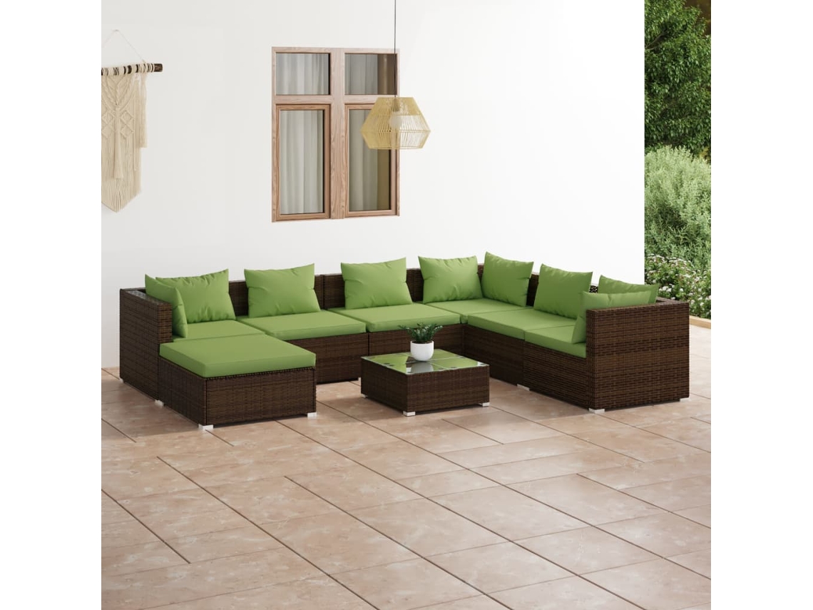 Vidaxl 8 Pcs Conjunto Lounge Jardim C/ Almofadões Vime Pe Castanho