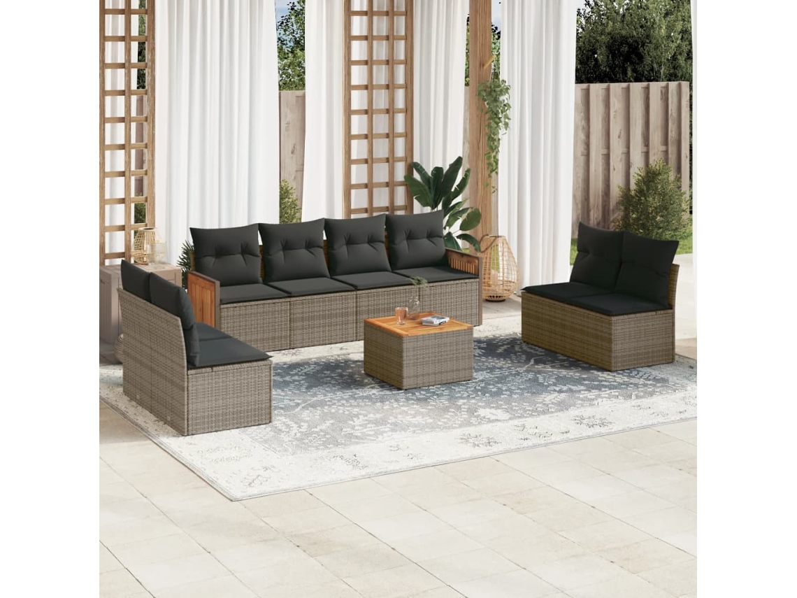 Vidaxl 9 Pcs Conjunto Sofás P/ Jardim Com Almofadões Vime Pe Cinzento