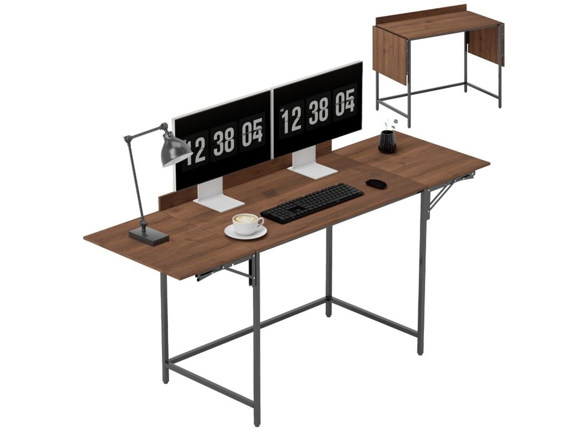 Escrivaninha Plegável 170x58x78 Cm Com 2 Tampas Para 2 Telas, Perfeita Para Quartos E Ambientes Compactos, Nogueira Bga Store