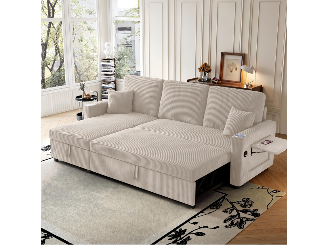 Sofá Em L Com Cama, Espaçoso E Dobrável, Ideal Para Salas E Apartamentos. Modelo Modular, Com Baú E Chaise, Perfeito Para Descanso.