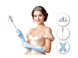 Kit Princesa Azul Adulto Luvas, Coroa e Cetro