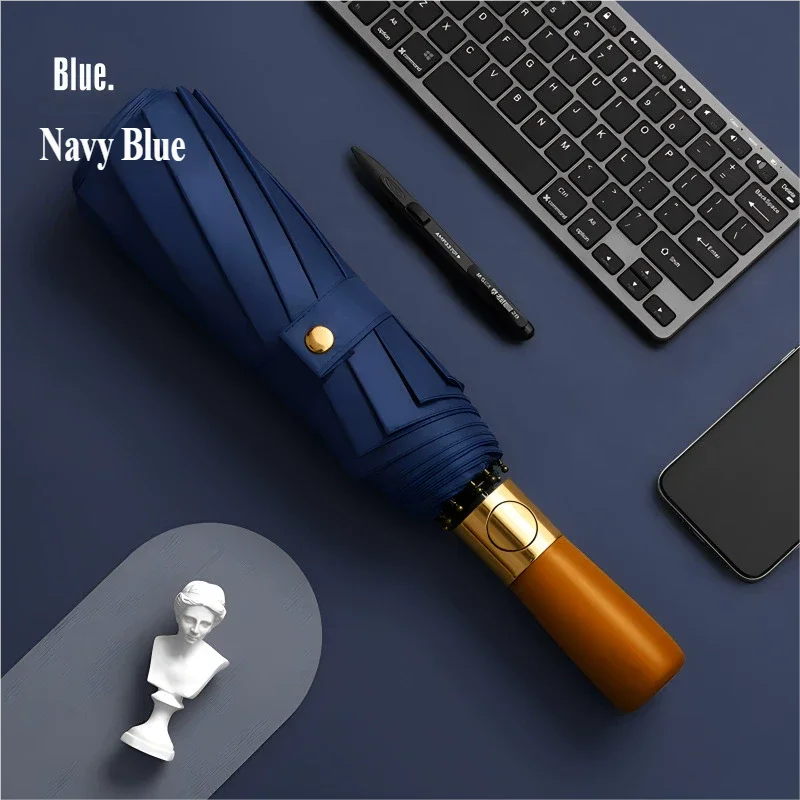 Guarda-chuva Automático (azul 12k), Totalmente Dobrável Com Um Botão, 12 Varetas, Cabo Original De Madeira Bronze.