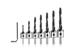 Broca de Avellanado Hss, Aço Carbono, 7+1pcs, 3 a 10mm, para Carpintaria, com Chave Allen