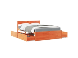 Vidaxl Cama Com Gavetas E Colchão 140x190 Cm Pinho Maciço Castanho-mel