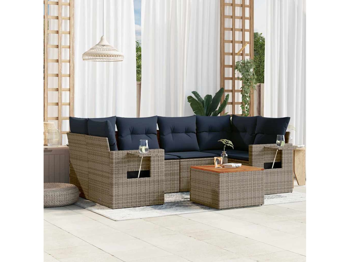 Vidaxl Conjunto De Sofá De Jardim Com 7 Peças E Almofadas Em Rattan Sintético Cinza