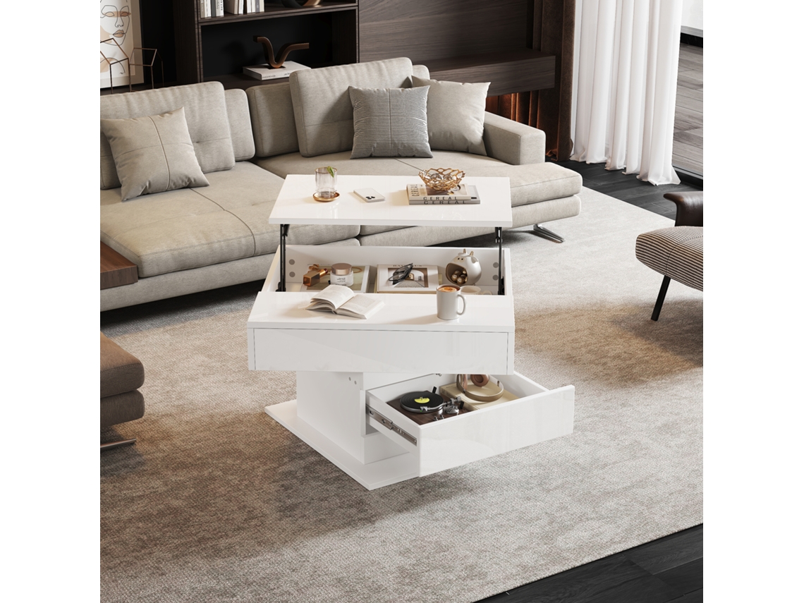 Mesa Centro Geométrica 70x70x45cm Giratória Elevável 1 Gaveta Branca