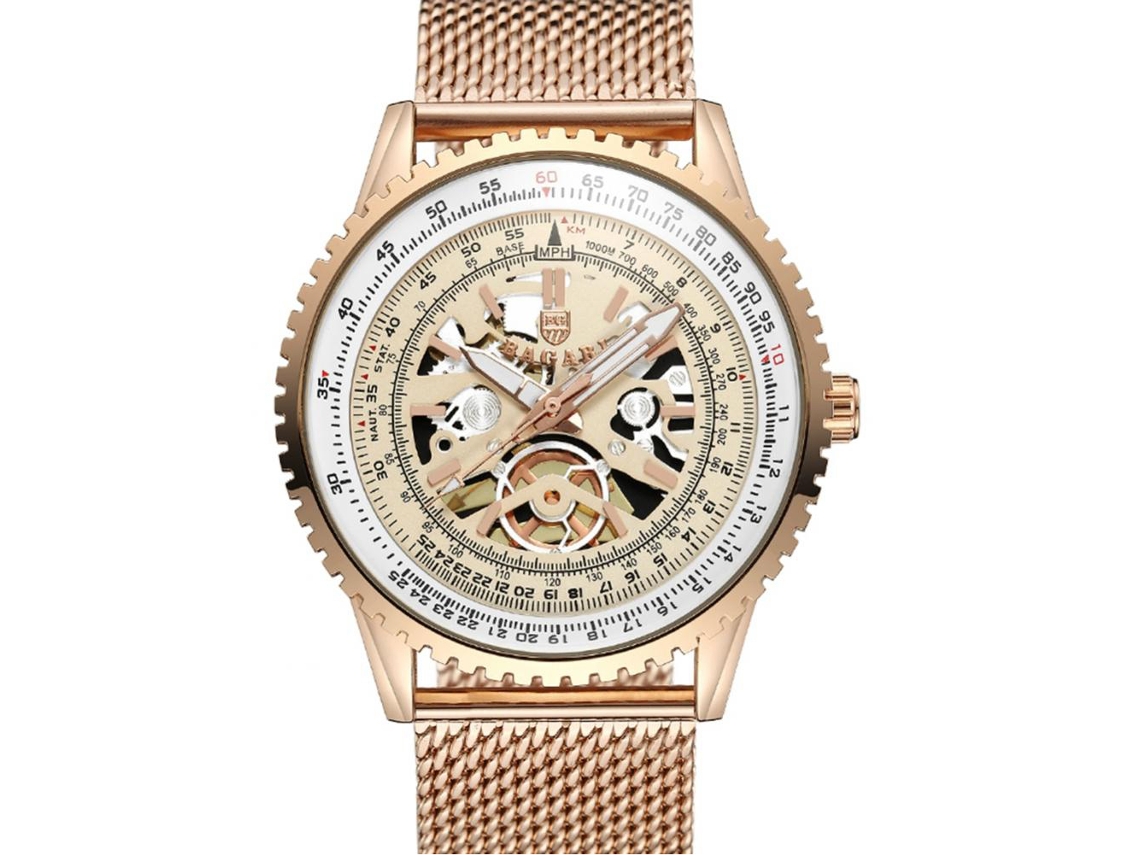 Relógio de pulso masculino Bagari em ouro rosa com pulseira casual de malha.