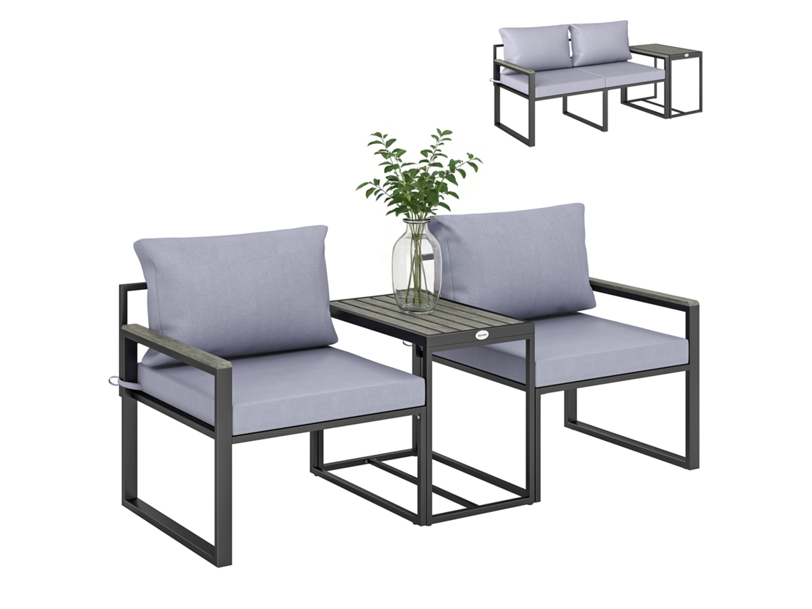 Conjunto Exterior De 3 Peças Com Mesa De Jardim E 2 Cadeiras Com Assento Em Texteline E Almofadas, Cor Cinza