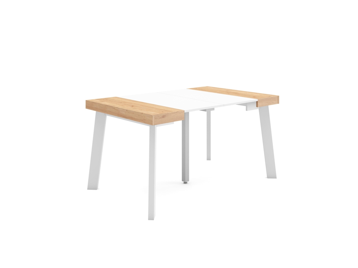 Mesa Consola Extensível, 140x90x73cm, Para 6 Pessoas, Pés De Madeira, Carvalho E Branco