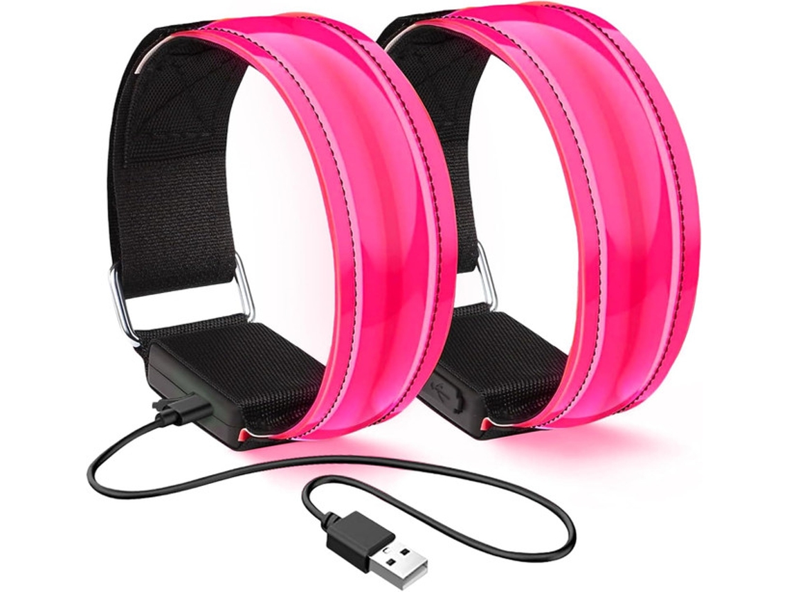 2 Pulseiras Led Refletoras Recarregáveis - Corrida - Segurança Noturna - Desporto Exterior - 28,5x2,5 Cm - Azul/rosa