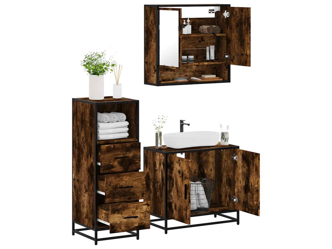 Vidaxl 3 Pcs Conjunto De Móveis Wc Madeira Processada Carvalho Fumado