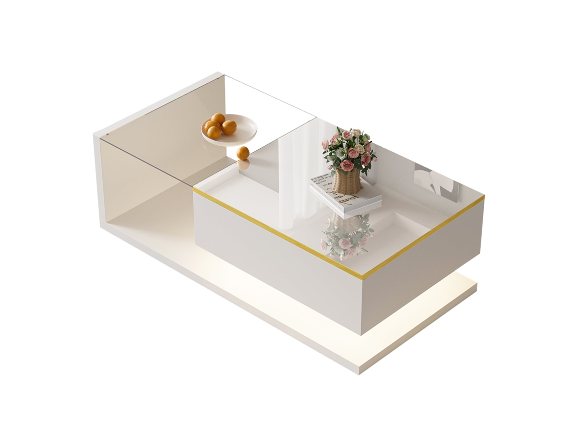 Mesa de Centro 100cm com Acabamento Brilho Branco e Vidro Led