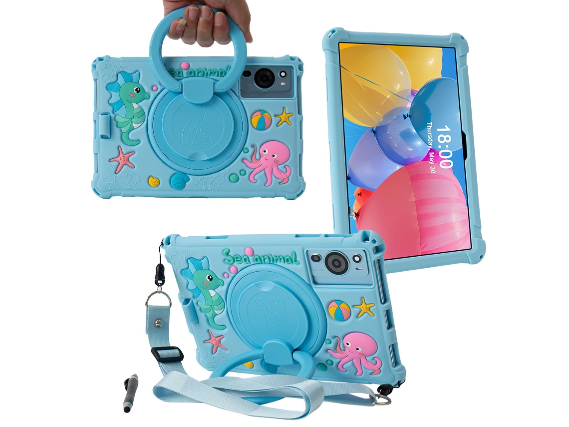 Capa Para Tablet Tcl Tab 10s, 10.1 Polegadas, Silicone Com Desenhos Cartoon, Inclui Alça De Ombro E Caneta Czhhmart Azul Celeste