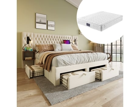 Cama Estofada Cama De Casal 160×200 Cm Com 2 Mesas De Cabeceira E 4 Gavetas, Luz De Leitura De Cabeceira Com Usb, Bege, Veludo Com Colchão