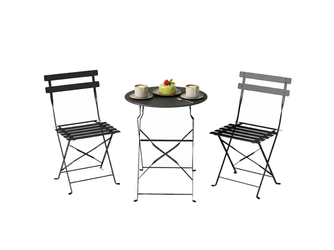 Conjunto de Bistrô para Área Externa, Móveis de Jardim Dobráveis com Mesa e 2 Cadeiras, Preto. CHEZMOI