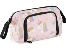 Estojo Feminino com Compartimentos para Material Escolar, Estampa de Unicórnio Arco íris, Branco 24 X 9,5 15 C