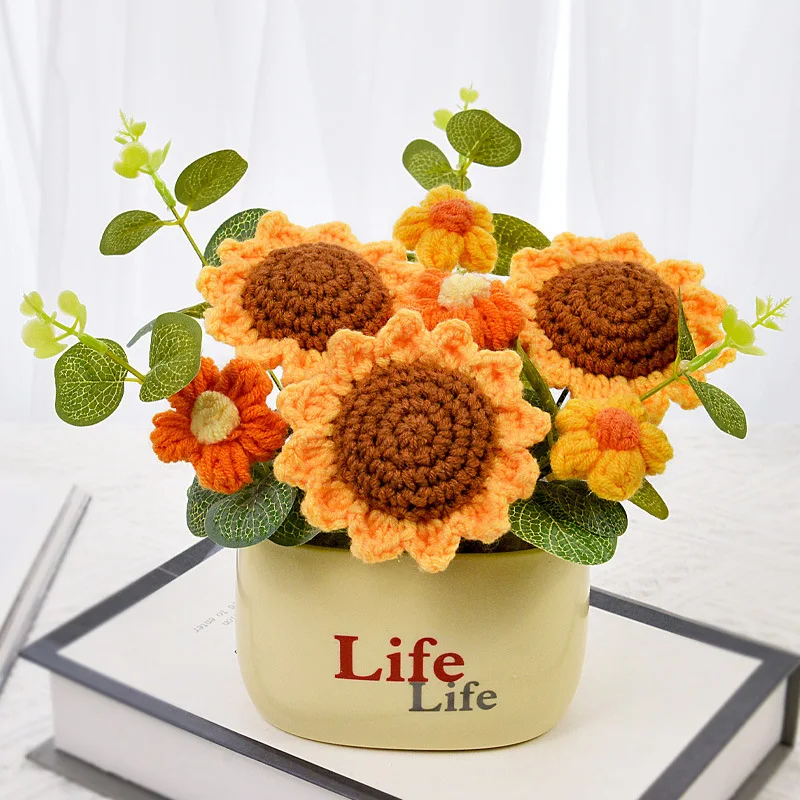 Buquês De Plantas Artificiais Em Vasos, Feitos Em Crochê, Perfeitos Para Decoração De Casa E Presentes De Aniversário.