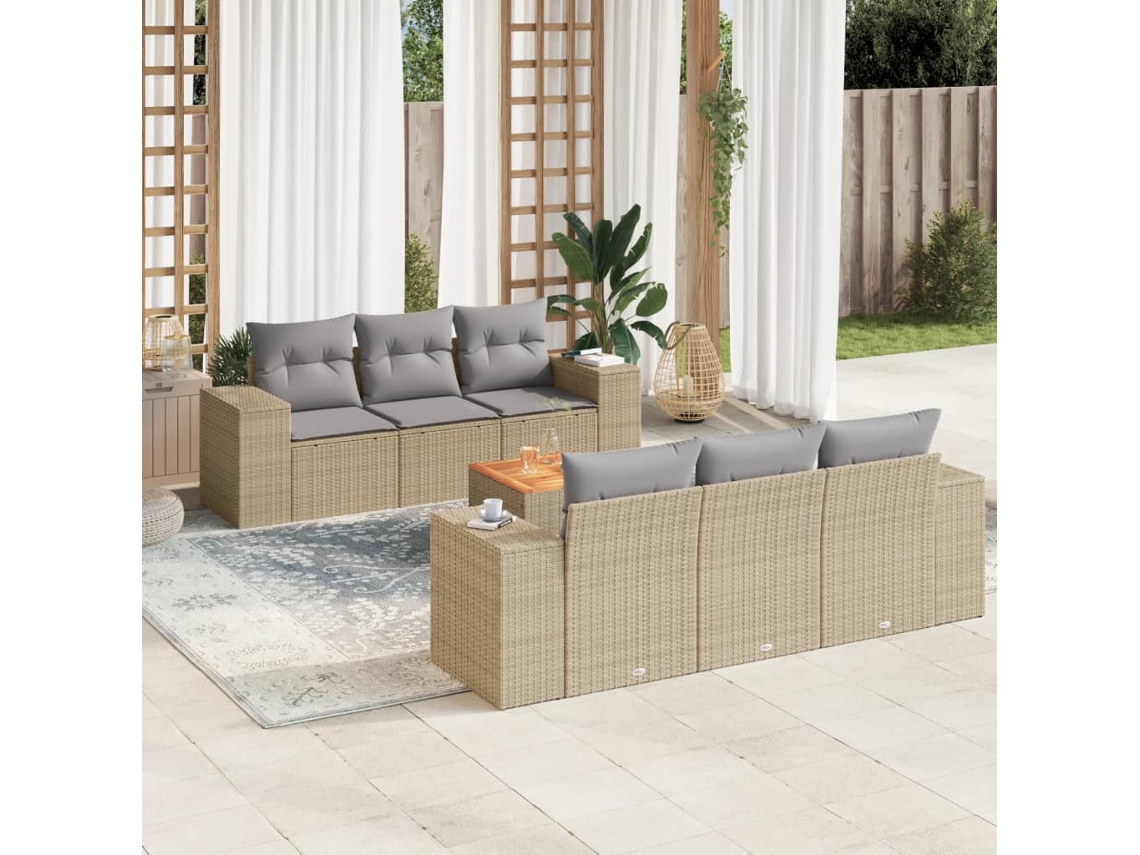 Vidaxl 7 Pcs Conjunto De Sofás P/ Jardim Com Almofadões Vime Pe Bege