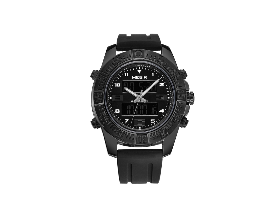 Relógio masculino Megir Fashion, em metal, à prova d'água, com duplo fuso horário e pulseira macia, preto.
