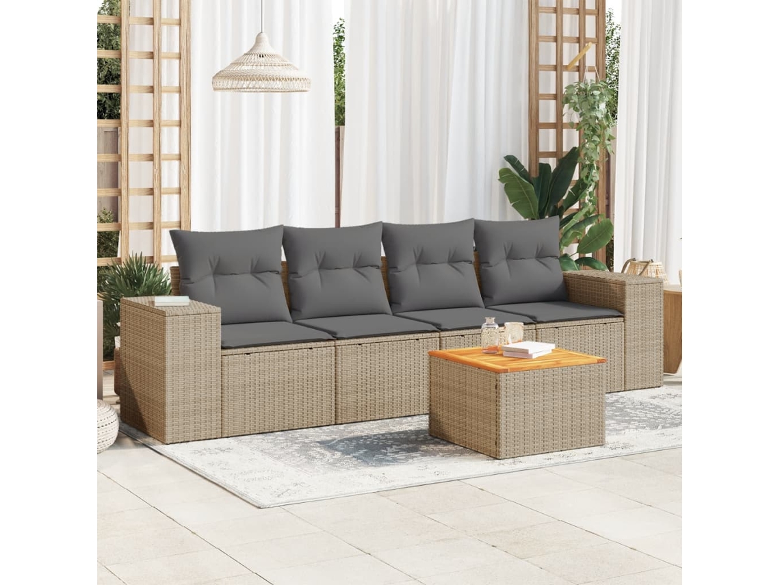 Vidaxl 5 Pcs Conjunto De Sofás P/ Jardim Com Almofadões Vime Pe Bege