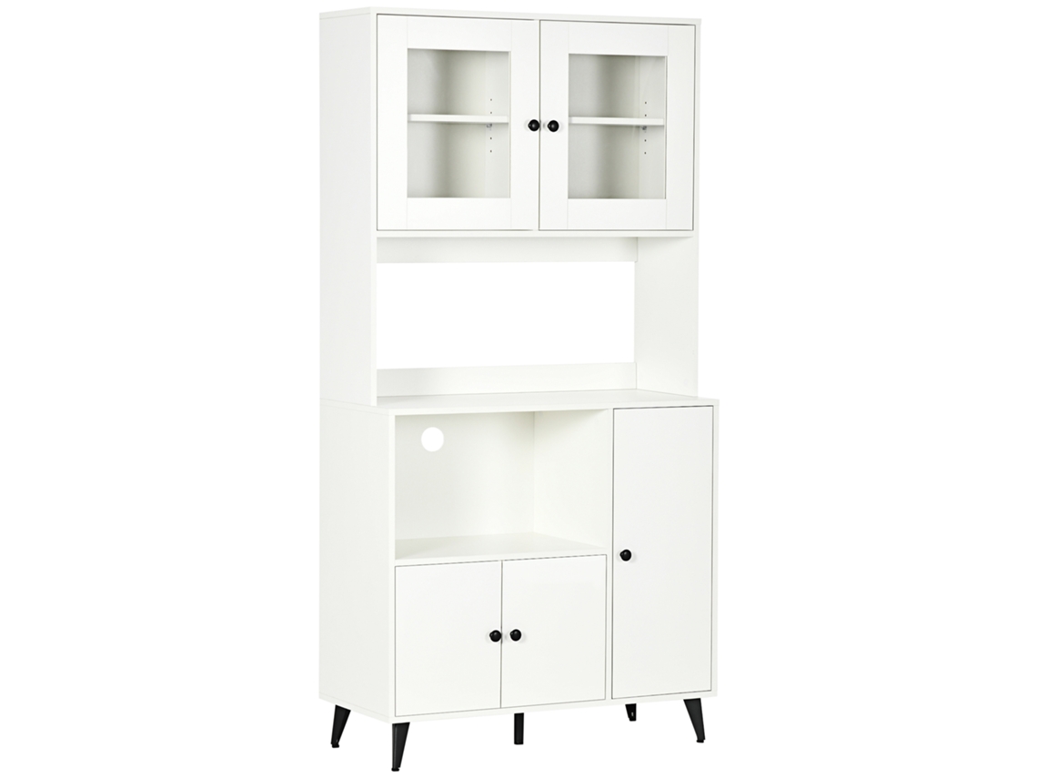 Armário De Cozinha Avec 3 Armários, Niches, Prateleiras Ajustávels, Portas Vitrées, Passe-câble, 90x40x180cm, Branco