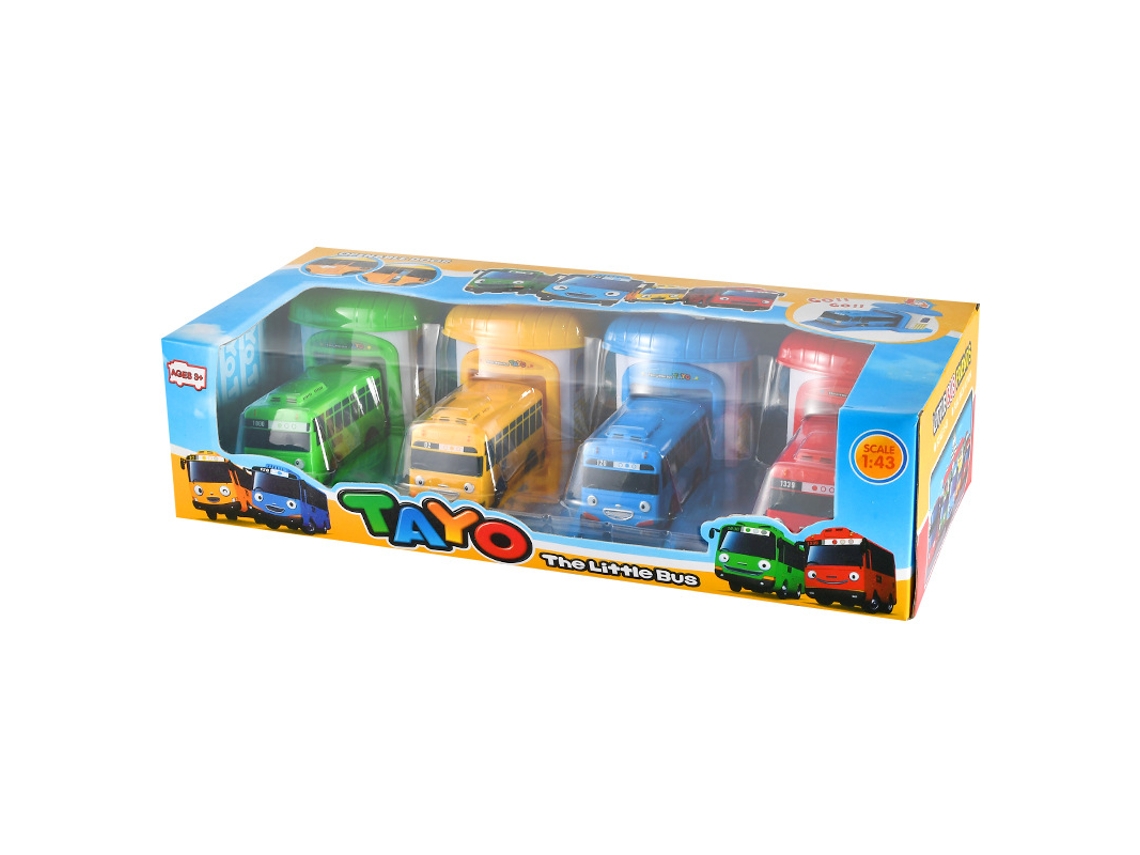 Conjunto De 4 Peças: Miniatura De Ônibus De Desenho Animado Coreano (tae-ro) Com Campainha E Porta Que Abre, Escala 1:43.