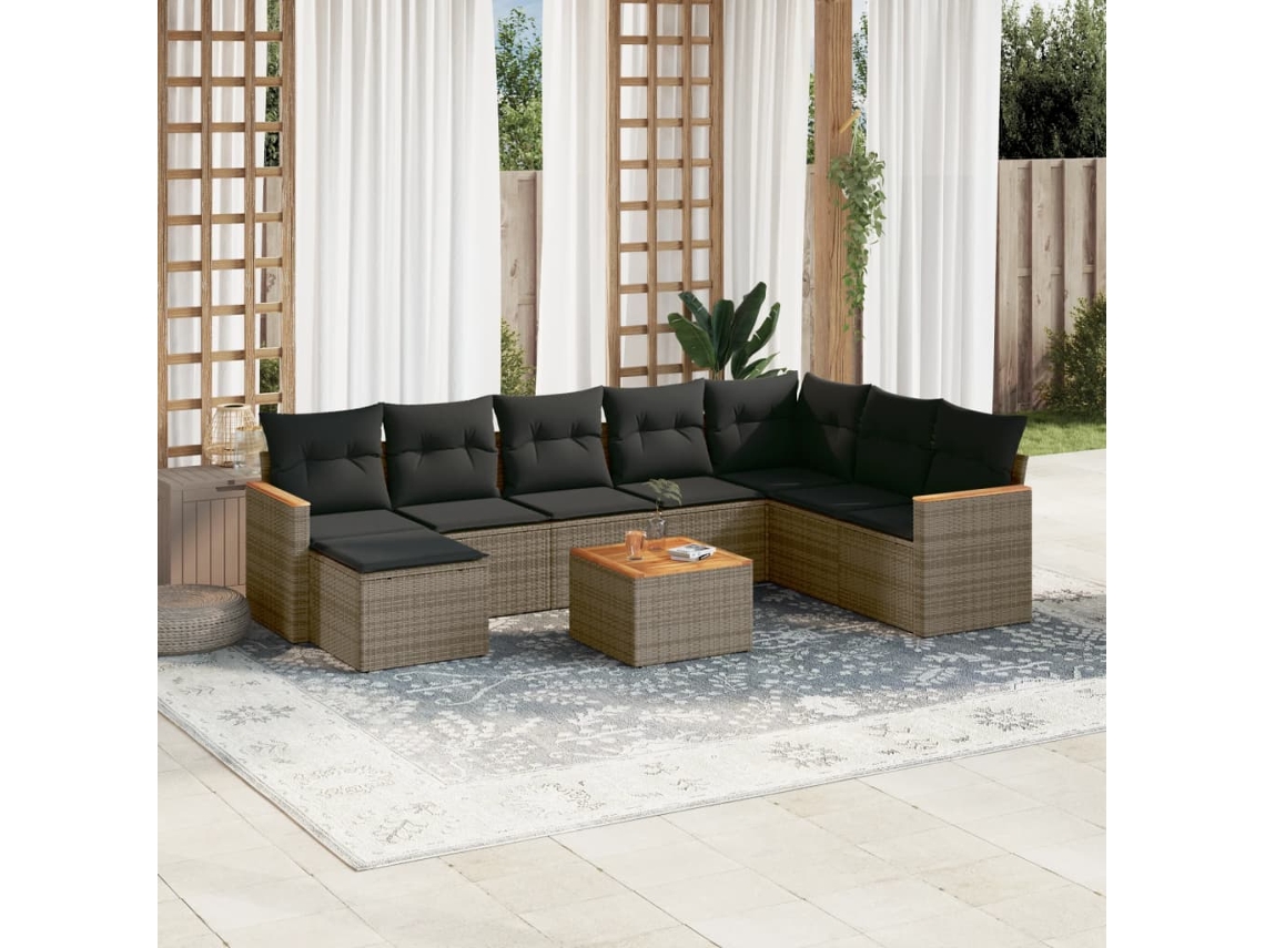Vidaxl 9 Pcs Conjunto Sofás P/ Jardim Com Almofadões Vime Pe Cinzento