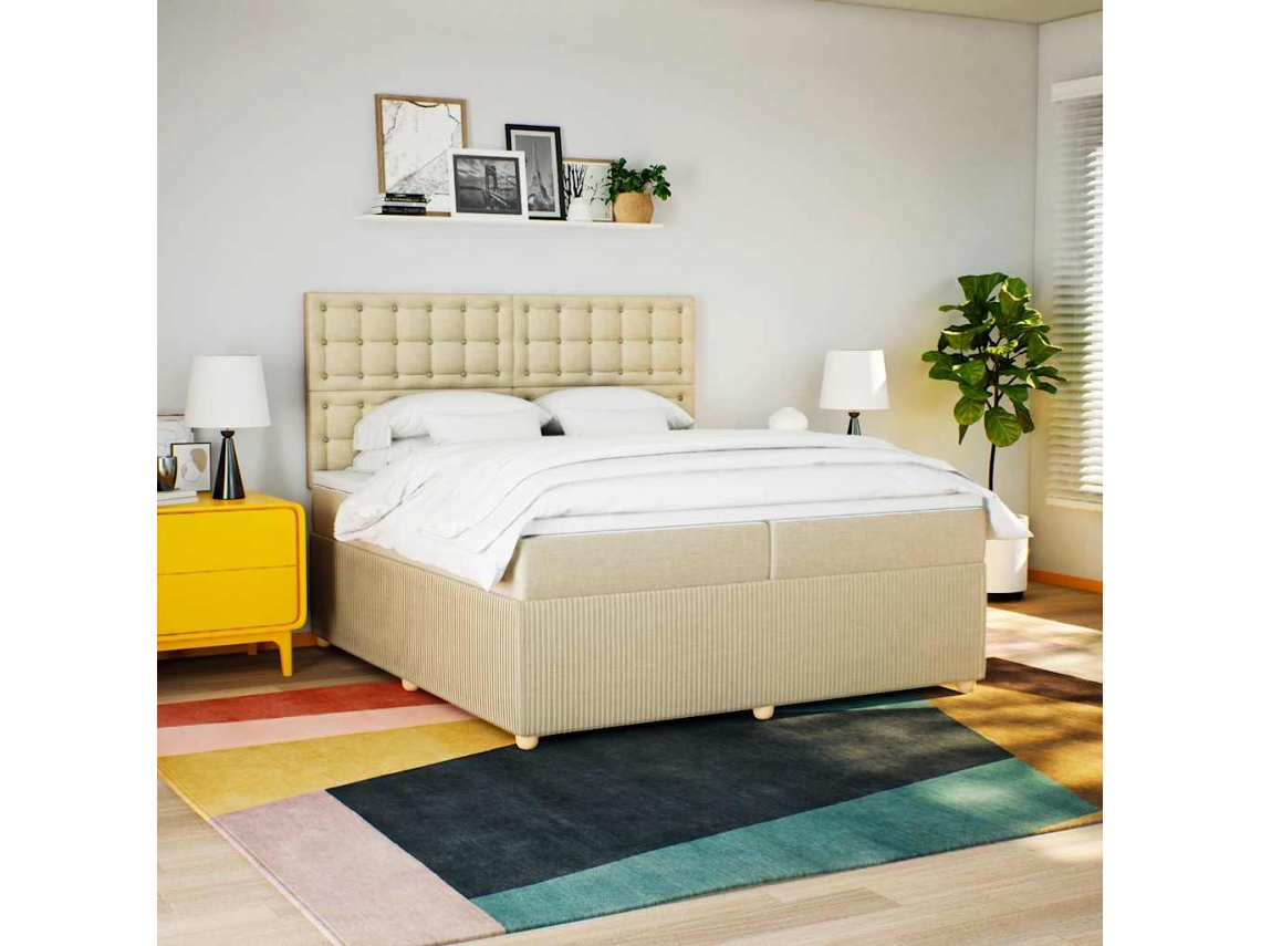 Cama Com Molas/colchão 200x200 Cm Tecido Cor Creme