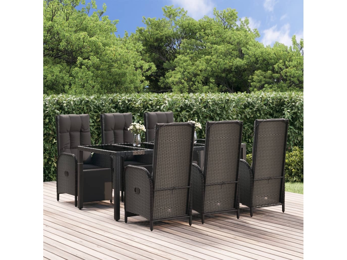 Vidaxl 7 Pcs Conjunto de Jantar P/ Jardim C/ Almofadões Vime Pe Preto