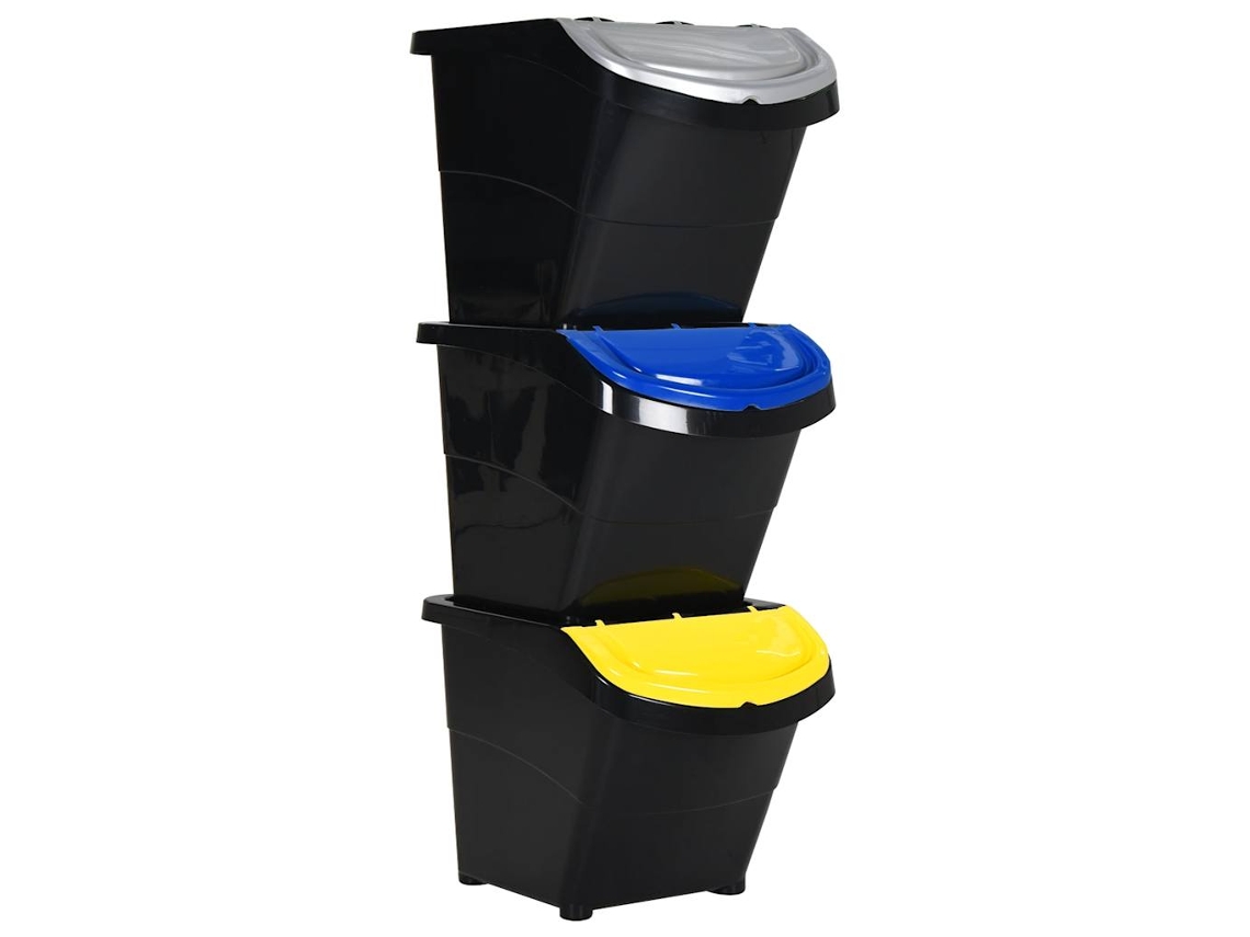 vidaXL Caixotes do lixo com tampa empilháveis 3 pcs 78 L PP preto
