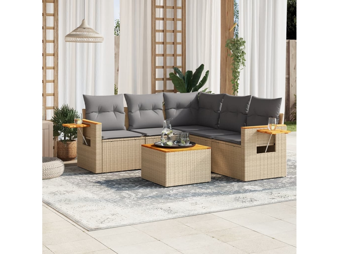 Vidaxl 6 Pcs Conjunto De Sofás P/ Jardim Com Almofadões Vime Pe Bege