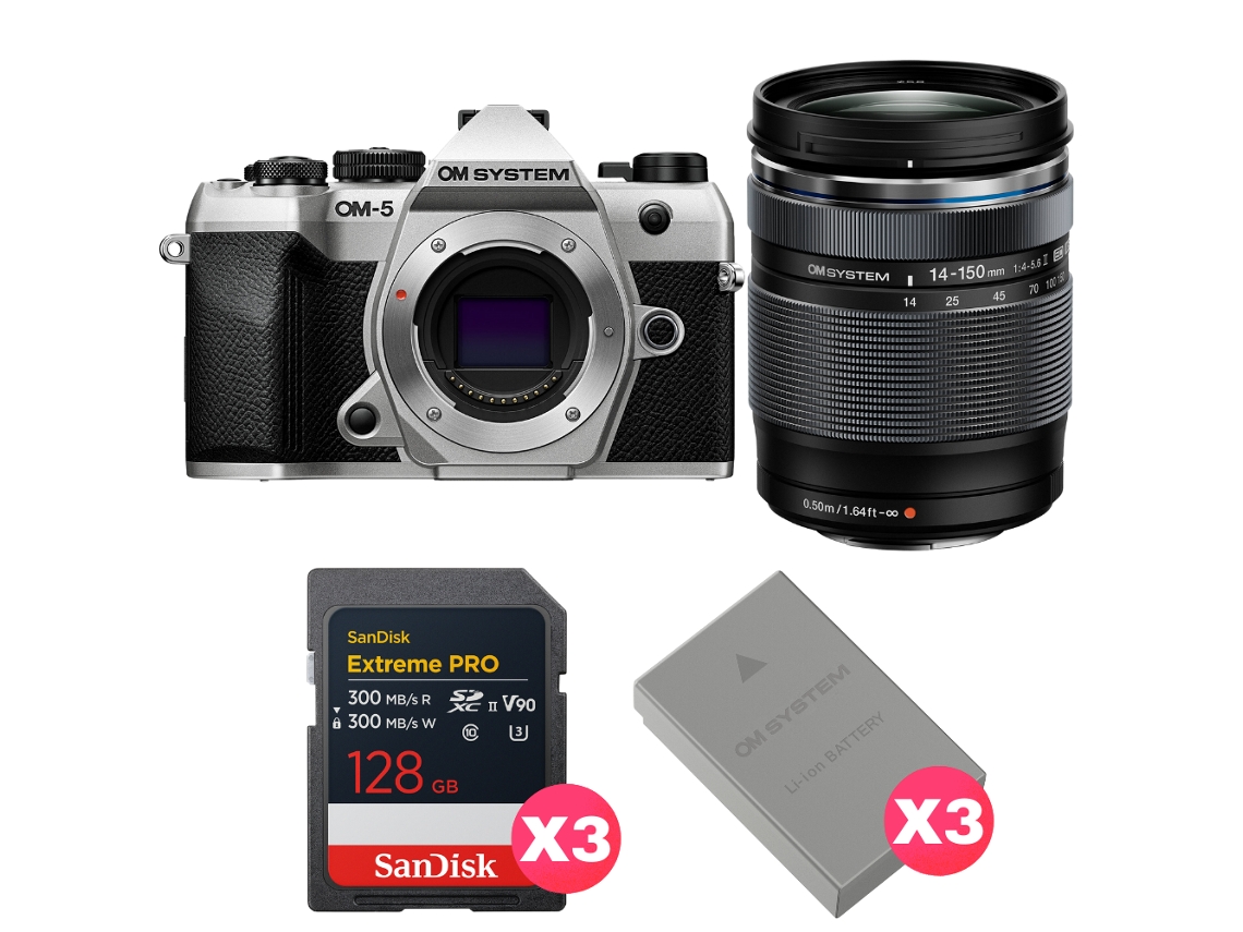 Om 5 Mark Ii Prateado + 14 150mm F/4 5.6 Ii + 3 Sandisk 128gb Extreme Pro Uhs ii Sdxc + 3 Om System Bls 50 + Ebook Pricedirect OM SYSTEM
