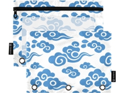 Pasta chinesa com estampa de símbolos auspiciosos em branco e azul, porta-lápis transparente com minas variadas e 3 argolas.