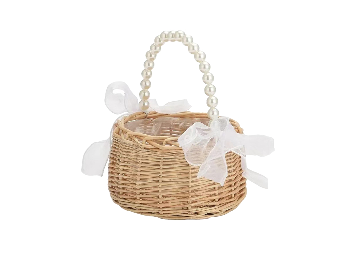 Cesto De Flores Rotin Com Pérolas Portátil Para Remessa