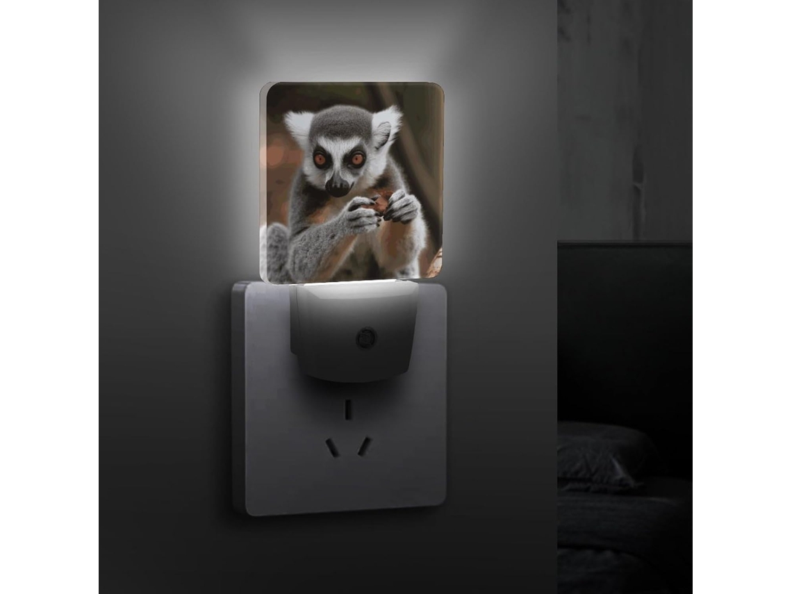 Luminária noturna de LED em formato de macaco-lêmure com sensor crepuscular, luzes noturnas decorativas e eficientes.