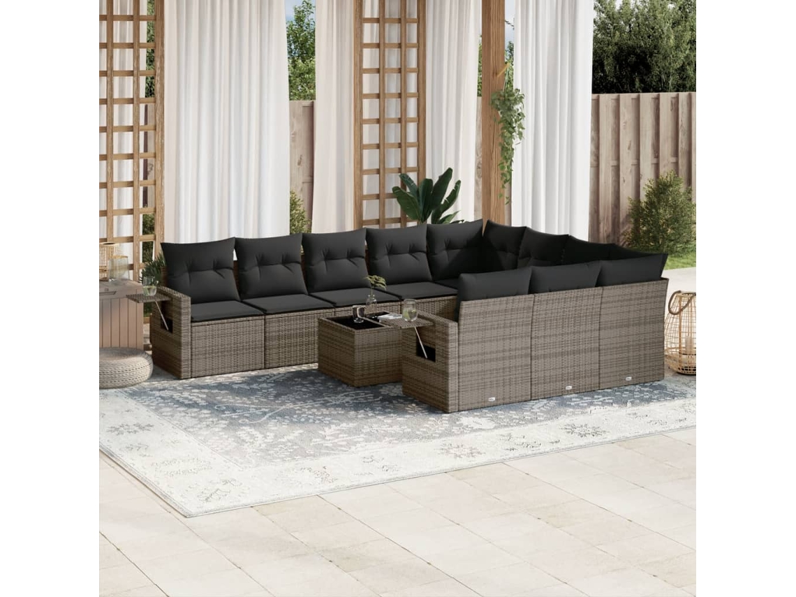 Jogo de Sofá Jardim 11 Peças C/ Almofadões Vime Pe Cinza Dkd Home Decor