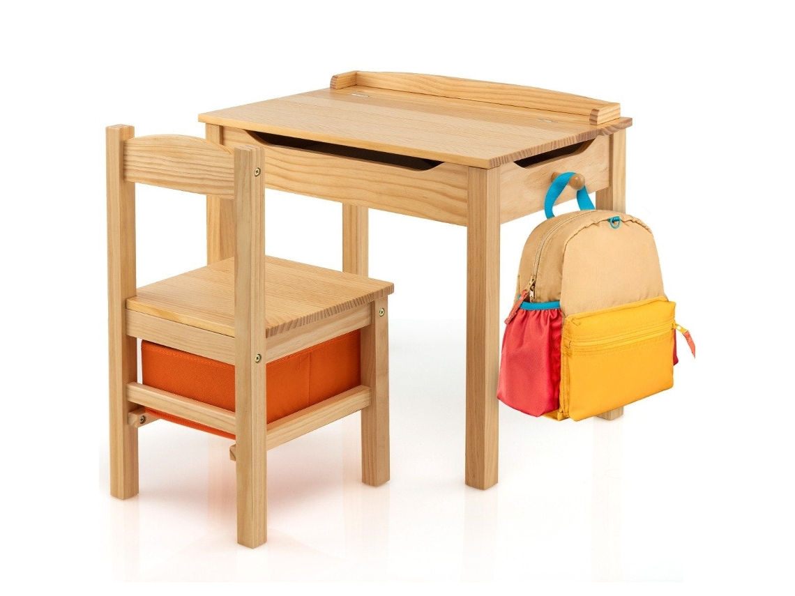 Conjunto Infantil de Mesa e Cadeira em Madeira Maciça com Tampo Dobrável, Gaveta e Ganchos, natural NORTHIO