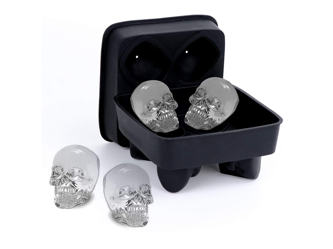 Forma de Gelo de Silicone em Formato de Caveira 3d com Quatro Compartimentos e Copo Marcador. MDUG