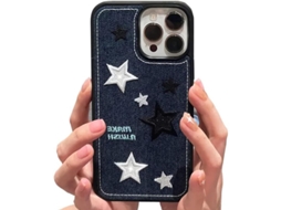 Capa para iPhone 14 YURU, proteção de lente, tecido denim, estampa de estrela, anti impacto, suave