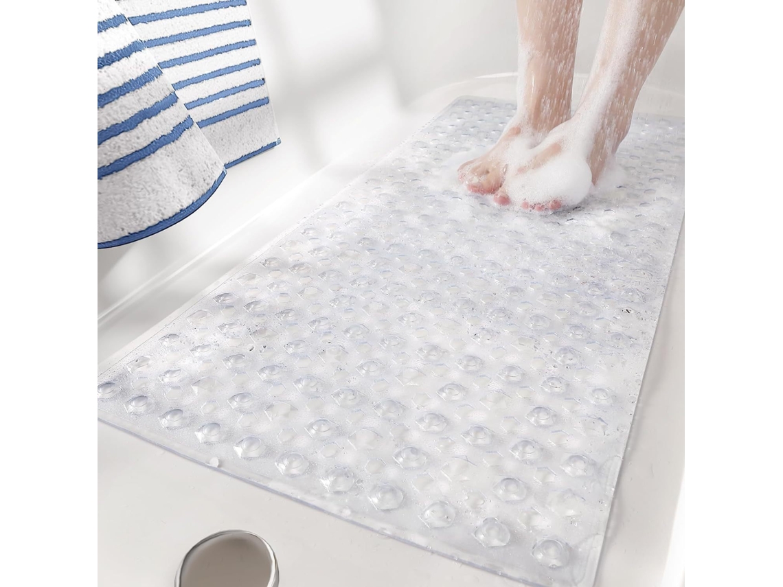 Tapete de Banho Antiderrapante para Chuveiro 88x40cm Pvc Resistente a Mofo, Lavável na Máquina e Suave para a Pele HENTEN HOME Transparente