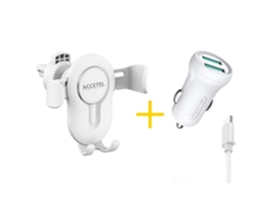 Pack Auto Suporte ACCETEL SP118 + Cabo Type C + Carregador para Apple iPhone 16 ACCETEL CC267 2X USB 2.4A Branco
